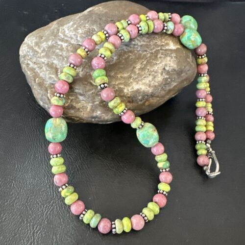 Navajo Green Turquoise Rhodochrosite Necklace | Sterling Silver | Authentic Native American Handmade | 20" | 17492