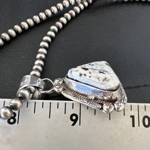 White Buffalo Turquoise Pendant | Navajo Pearls | Sterling Silver Necklace 21" | 17110