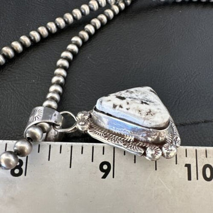 White Buffalo Turquoise Pendant | Navajo Pearls | Sterling Silver Necklace 21" | 17110