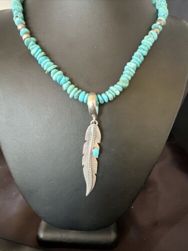 Navajo Blue Turquoise Leaf Pendant | Sterling Silver Pearls Necklace | 21" | Authentic Native American Handmade | 17540