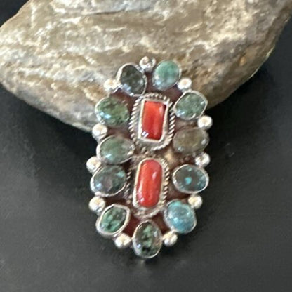 Navajo Spiderweb Turquoise Coral Cluster Ring | Authentic Native American Sterling Silver | Multi-Stone | Sz 10 | 17183