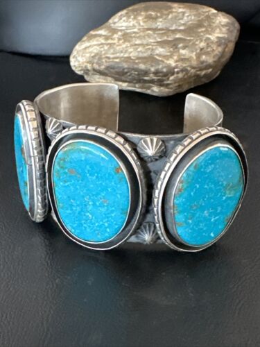 XL Men's Kingman Turquoise 3 Stone Cuff Bracelet | Navajo Sterling Silver | Authentic Native American Handmade | 15851