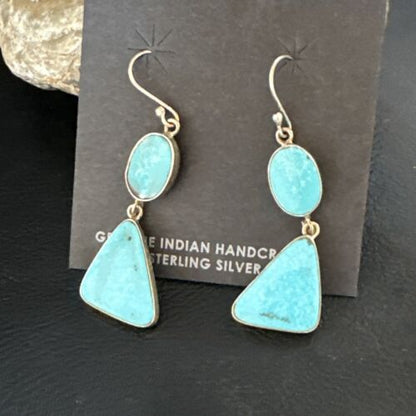 Navajo Blue Kingman Turquoise Dangle Earrings | Sterling Silver | Authentic Native American Handmade | 15103