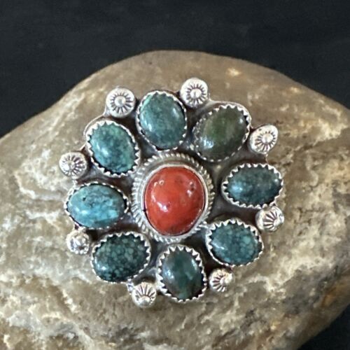 Navajo Blue Spiderweb Turquoise Coral Cluster Ring | Authentic Native American Sterling Silver | Multi-Stone | Sz 9.5 | 17182
