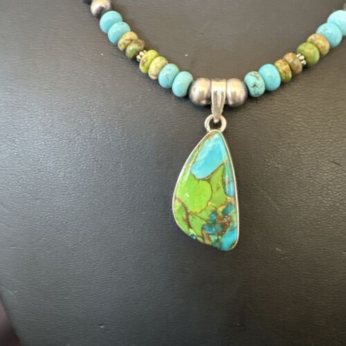 Navajo Blue Green Mojave Turquoise Pendant | Sterling Silver Pearl Necklace | Authentic Native American Handmade | 16921
