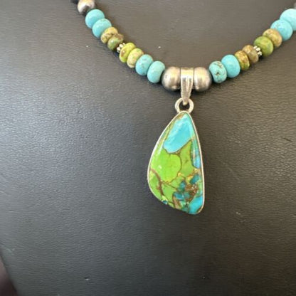 Navajo Blue Green Mojave Turquoise Pendant | Sterling Silver Pearl Necklace | Authentic Native American Handmade | 16921