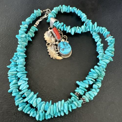 Navajo Blue Turquoise Coral Pendant Necklace | Sterling Silver Pearls | 20" | Authentic Native American Handmade | 17541