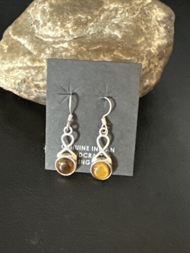 Navajo Coffee Tiger's Eye Dangle Earrings | Sterling Silver | Authentic Native American Handmade | 14921 - Masha USA