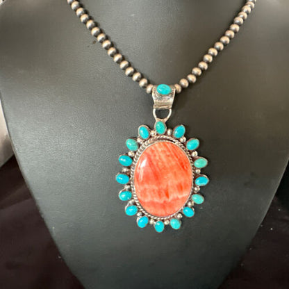 Navajo Kingman Turquoise & Red Spiny Oyster Pendant Necklace | Sterling Silver | 16014