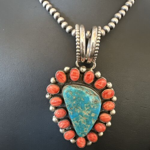 Navajo Turquoise Spiny Oyster Cluster Pendant Necklace | Sterling Silver | Native American Handmade | 17151 - Masha USA