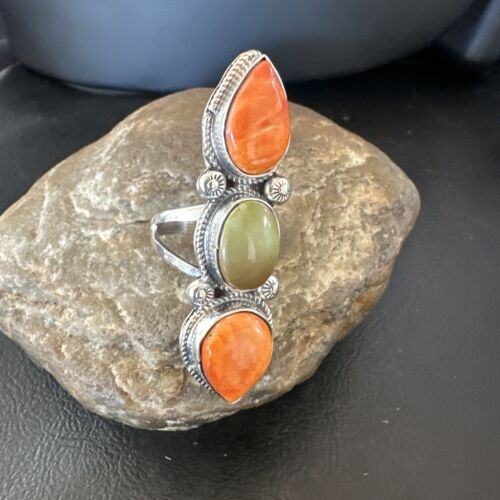 Navajo Green Turquoise Spiny Oyster Multi-Stone Ring | Authentic Native American Sterling Silver | Sz 10 | 16713