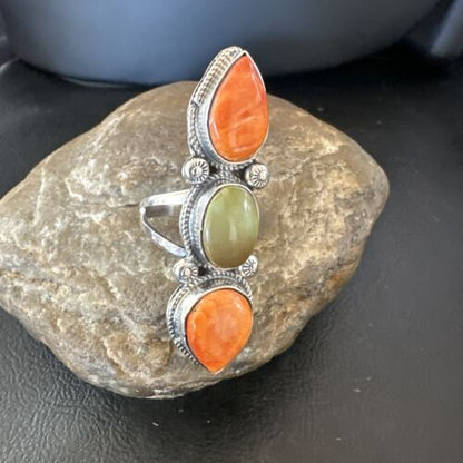 Navajo Green Turquoise Spiny Oyster Multi-Stone Ring | Authentic Native American Sterling Silver | Sz 10 | 16713