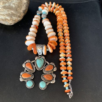 Orange Spiny Turquoise Naja Navajo Pendant Necklace | Sterling Silver | 30" | Authentic Native American Handmade | 14007
