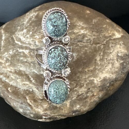 Navajo Blue Spiderweb Turquoise Cluster Ring | Authentic Native American Sterling Silver | Multi-Stone | Sz 9 | 16704