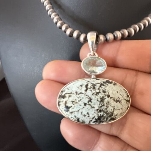 Navajo Dry Creek Turquoise Topaz Pendant Necklace | Sterling Silver | Authentic Native American Handmade | 16315