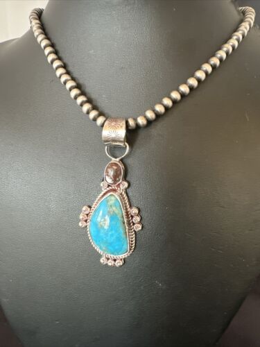 Navajo Blue Kingman Turquoise Wild Horse Pendant Necklace | Sterling Silver | Authentic Native American Handmade | 17223