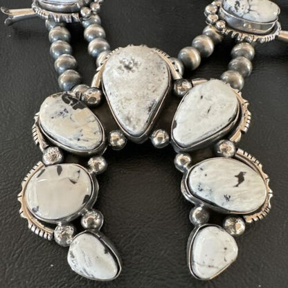 Navajo White Buffalo Turquoise Pendant Earrings | Sterling Silver Squash Blossom Necklace | 17443