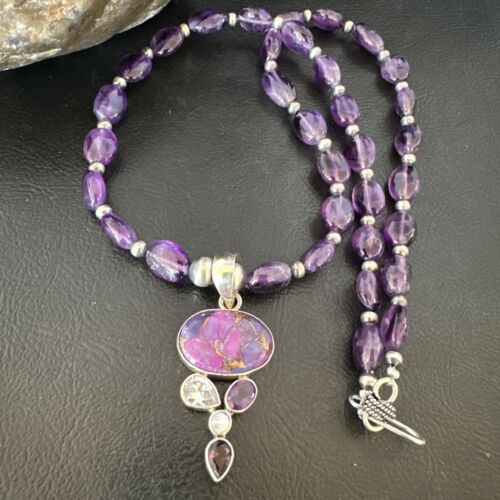 Mojave Turquoise Amethyst Pendant Necklace | Navajo Pearls | Sterling Silver | Native American Handmade | 16097