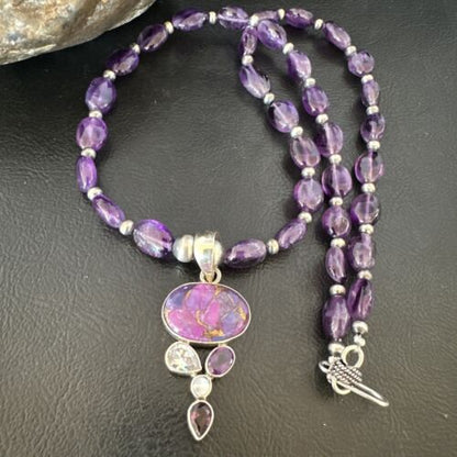Mojave Turquoise Amethyst Pendant Necklace | Navajo Pearls | Sterling Silver | Native American Handmade | 16097