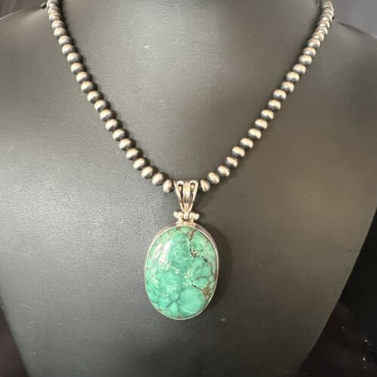 Navajo Blue Spiderweb Turquoise Pendant | Sterling Silver Pearls Necklace | Authentic Native American Handmade | 15570