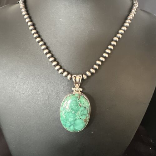 Navajo Blue Spiderweb Turquoise Pendant | Sterling Silver Pearls Necklace | Authentic Native American Handmade | 15570