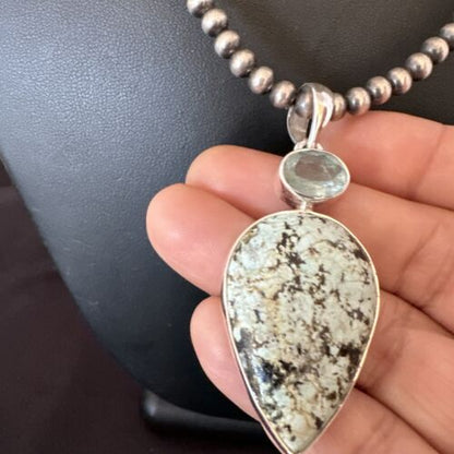 Navajo Dry Creek Turquoise Topaz Pendant Necklace | Sterling Silver | Authentic Native American Handmade | 16443