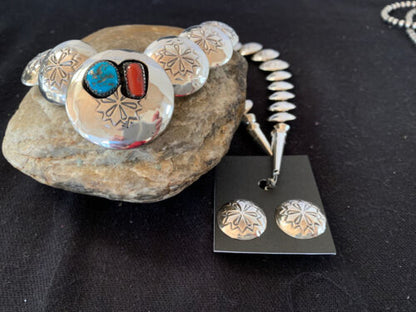 Navajo Coral Turquoise Necklace | Graduated Sterling Silver Pillow Stamped | 15635