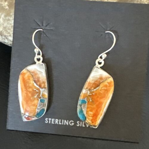 Navajo Blue Turquoise & Orange Spiny Oyster Inlay Dangle Earrings | Sterling Silver | Authentic Native American Handmade | 15580