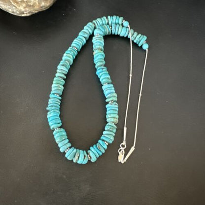 Men's Navajo Blue Turquoise Heishi Necklace | Sterling Silver | 24" | Authentic Native American Handmade | 15767