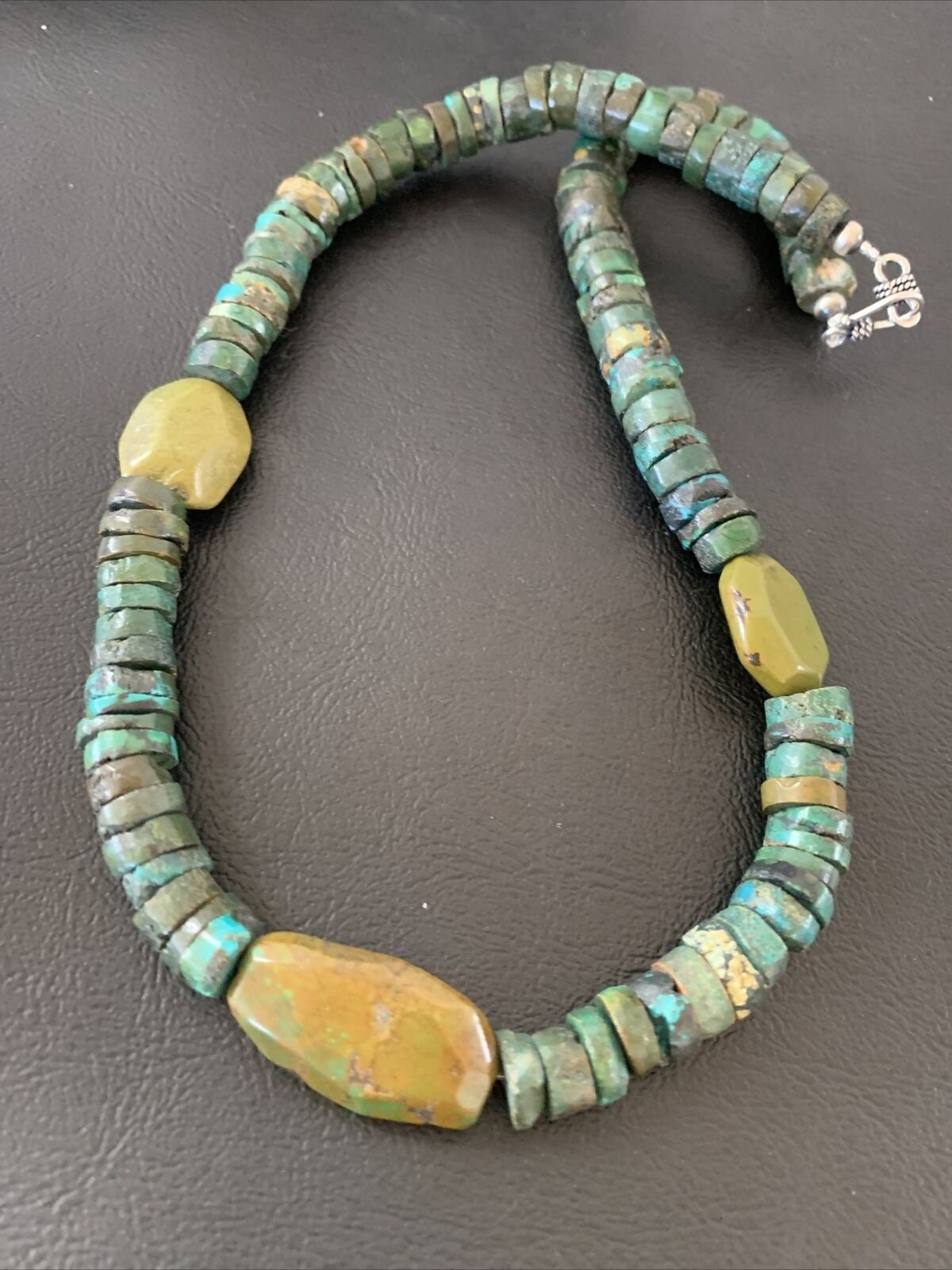 Men's Navajo Green Turquoise Nugget Heishi Bead Necklace | 21" | Sterling Silver | 02144