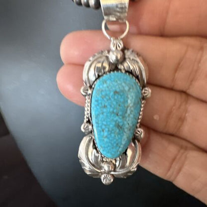 Navajo Kingman Turquoise Pendant Necklace | Sterling Silver Pearls | Authentic Native American Handmade | 15217