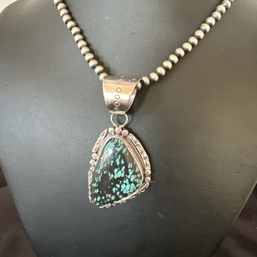 Men's Spiderweb Turquoise Pendant Necklace | Navajo Pearls | Sterling Silver | Native American Handmade | 17066
