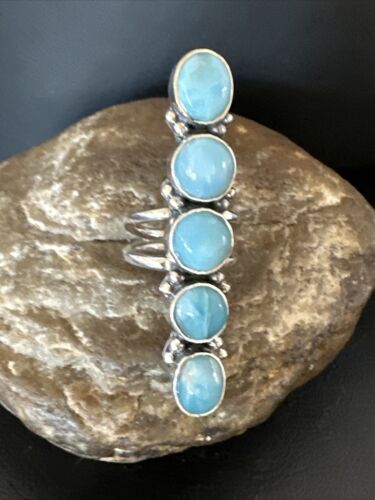 Navajo Women's Cluster Blue Larimar Ring | Authentic Native American Sterling Silver | Multi-Stone | Sz 7 | 15945