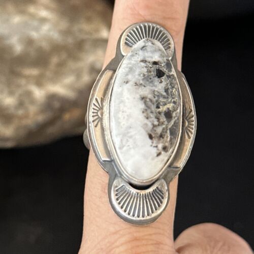 Navajo White Buffalo Turquoise Ring | Sterling Silver | Sz 8 | Authentic Native American Handmade | 14555