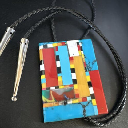 Men's Turquoise Orange Spiny Oyster Bolo Tie | Santo Domingo | Sterling Silver | 15500