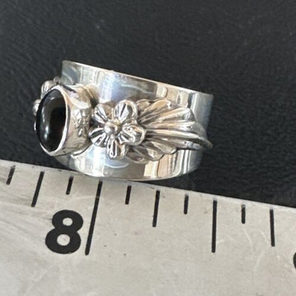 Navajo Black Onyx Leaf Flower Ring | Sterling Silver | Sz 6 | Authentic Native American Handmade | 17370