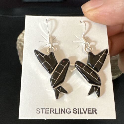Navajo Black Onyx Hummingbird Earrings | Sterling Silver | 1" | Authentic Native American Handmade | 15090