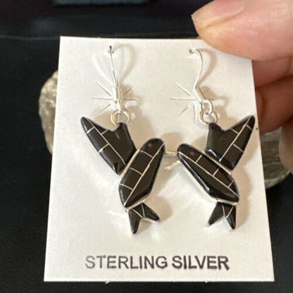 Navajo Black Onyx Hummingbird Earrings | Sterling Silver | 1" | Authentic Native American Handmade | 15090