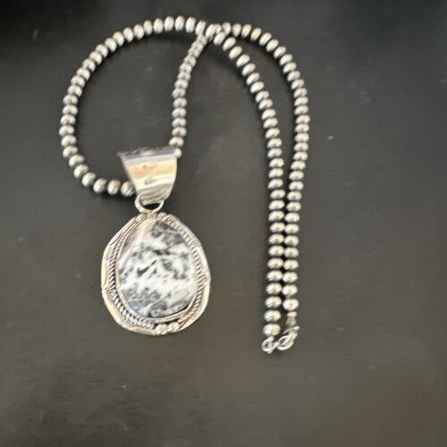Men's White Buffalo Turquoise Pendant Necklace | Navajo Pearl Sterling Silver | 17041