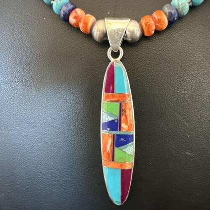 Navajo Spiny Oyster Turquoise Inlay Pendant Necklace | Sterling Silver | 21" | Authentic Native American Handmade | 16925