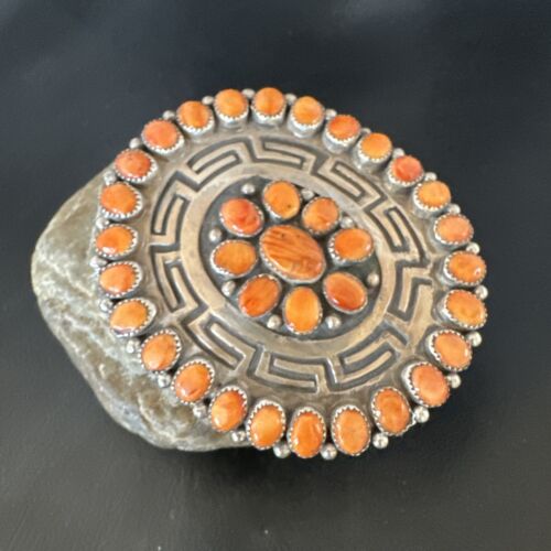 Navajo Orange Spiny Oyster Cluster Concho Belt Buckle | Sterling Silver | Authentic Native American Handmade | 16344
