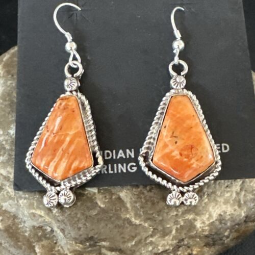 Navajo Orange Spiny Oyster Dangle Earrings | Sterling Silver | Authentic Native American Handmade | 17273