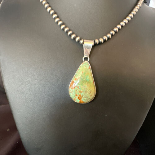 Navajo Green Turquoise Pendant Necklace | Sterling Silver | Authentic Native American Handmade | 15020