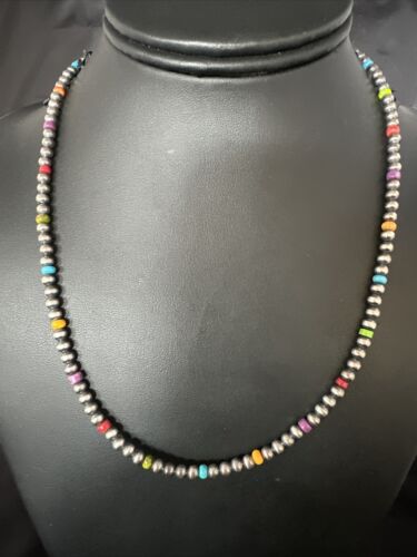 Navajo Multicolor 4mm Sterling Silver Pearls Necklace | 16" Hook & Eye | Authentic Native American Handmade | 94316