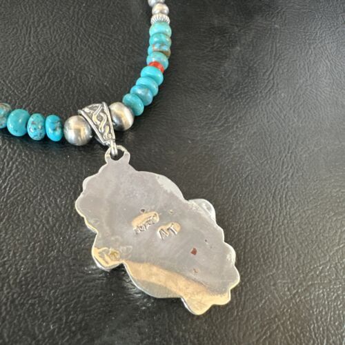 Navajo Blue Turquoise Coral Pendant Necklace | Sterling Silver | Multi-Stone | Authentic Native American Handmade | 15257