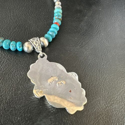 Navajo Blue Turquoise Coral Pendant Necklace | Sterling Silver | Multi-Stone | Authentic Native American Handmade | 15257