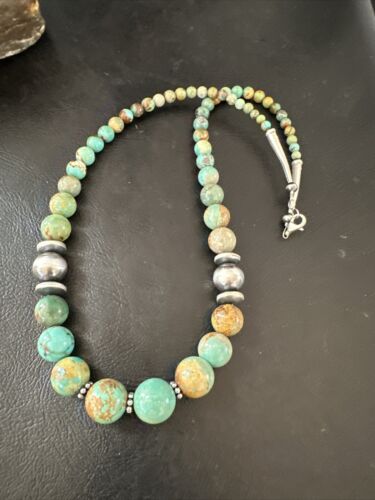 Navajo Green Turquoise Bead Necklace | Sterling Silver | Graduated | 20" | Authentic Native American | 17433