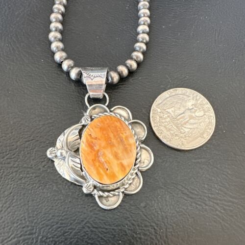 Navajo Orange Spiny Oyster Pendant Necklace | Sterling Silver Pearls | Authentic Native American Handmade | 16554