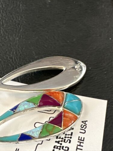 Southwestern Sterling Silver Multi-Color Turquoise Lapis Inlay Earrings | Authentic Native American Handmade | 14938 - Masha USA
