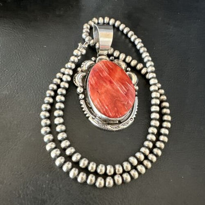 Navajo Red Spiny Oyster Pendant Necklace | Sterling Silver | Authentic Native American Handmade | 17560